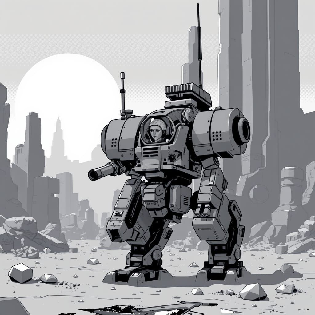 Retrofuture Mech Pilot in Cyberpunk Apocalyptic Landscape