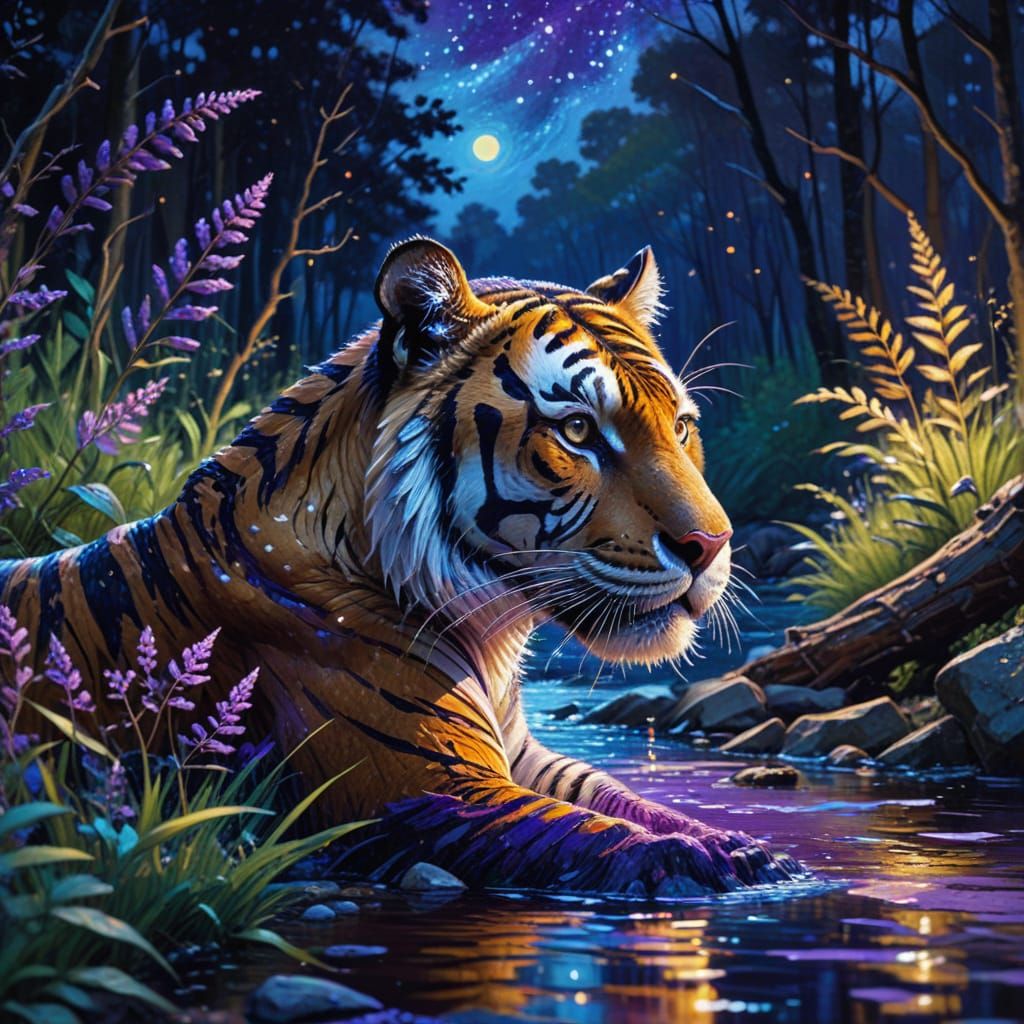 Tiger in Forest: Gouache Impressionism