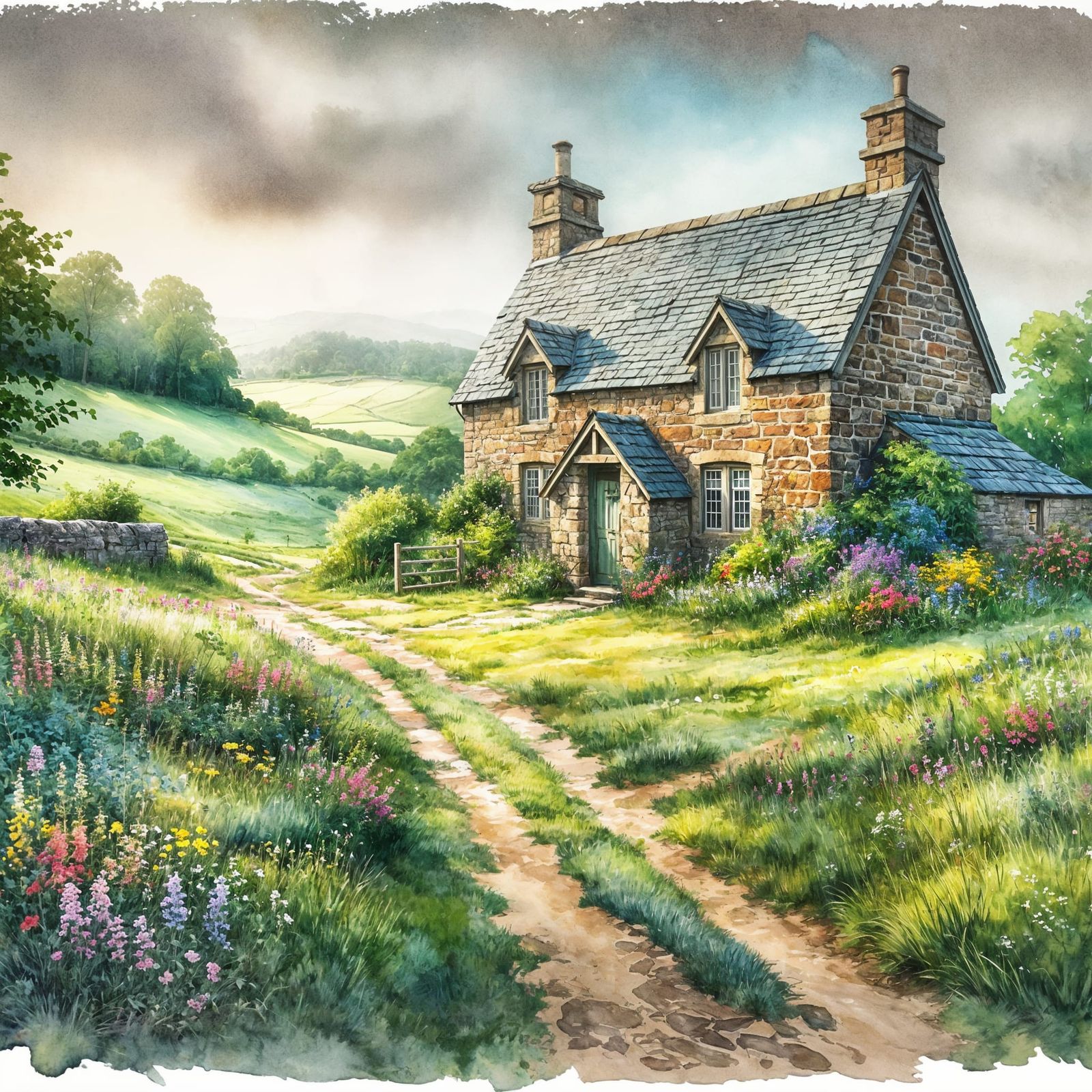 Tranquil Watercolor Landscape with Charming Stone Cottage