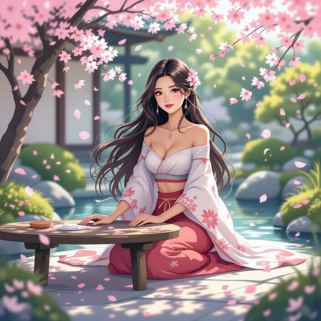 Whimsical Woman in Japanese Garden with Falling Blossoms
