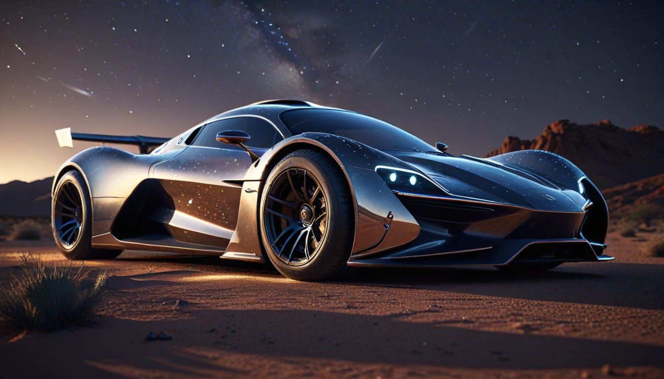 Futuristic Car in Desert Night Sky Render