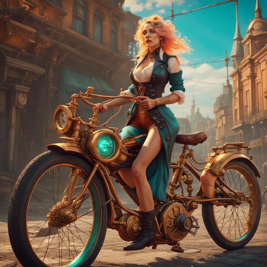Steampunk Woman on Bicycle, Detailed Concept Art