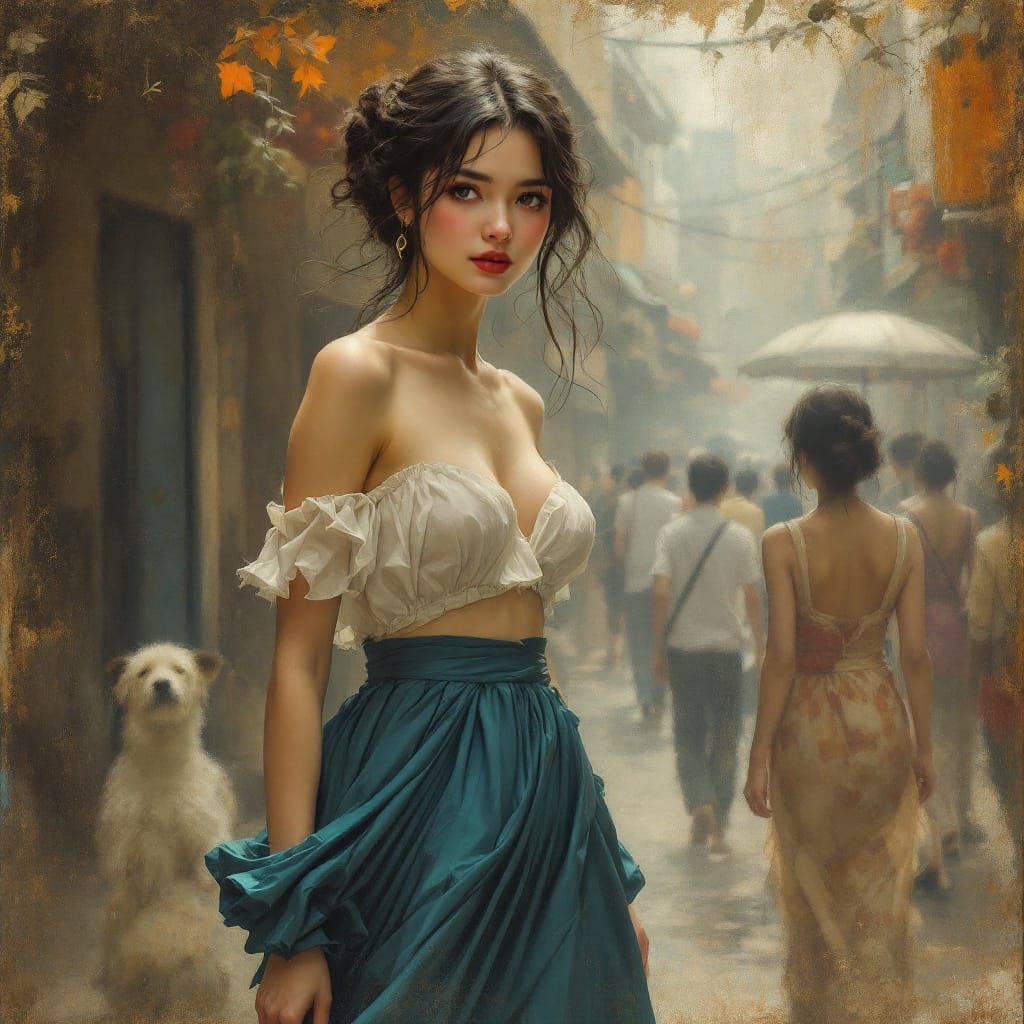 Atmospheric Woman on Indonesian Street in Teal Skirt