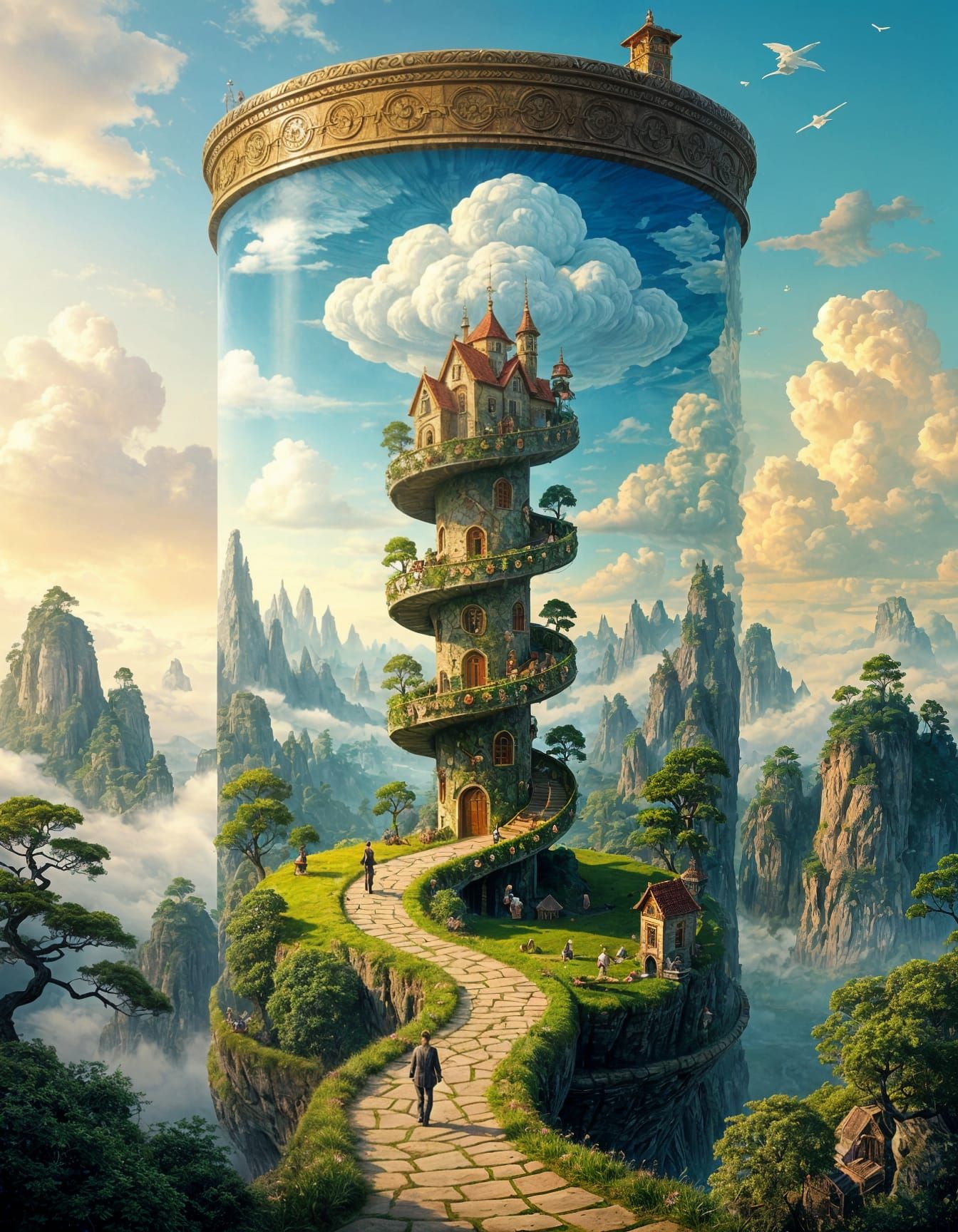 Surreal Cylindrical Village with Impossible Architecture