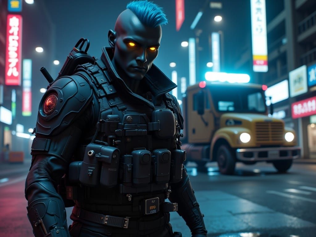 Cyberpunk Blade Runner Enforcement Agent Walks through Dysto...