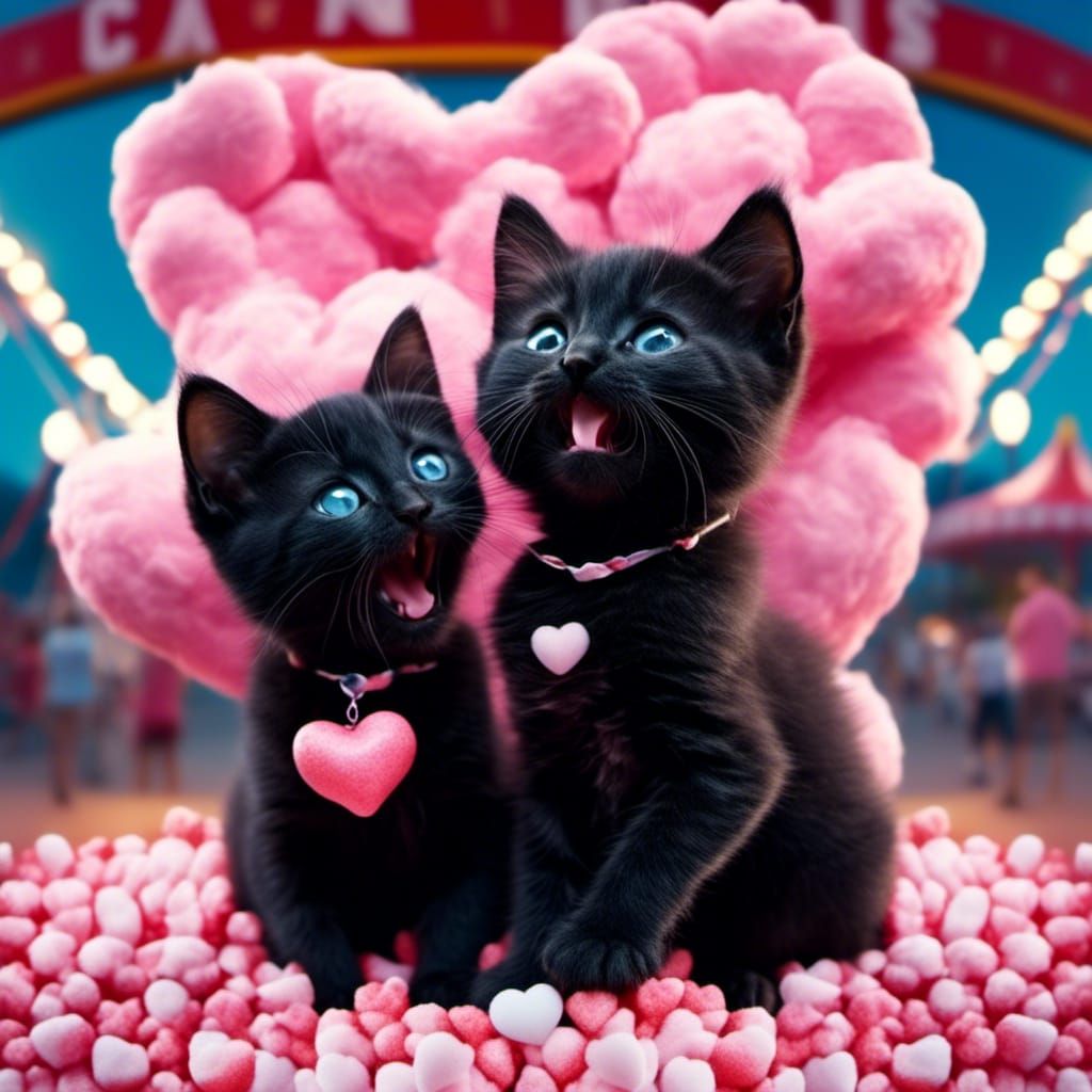 Chibi Kittens Share Cotton Candy: Hyperrealistic Close-Up
