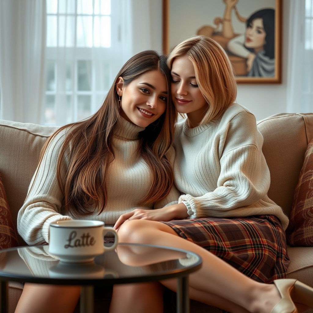 Affectionate Lovers in Cozy Living Room, Digital Matte Paint...