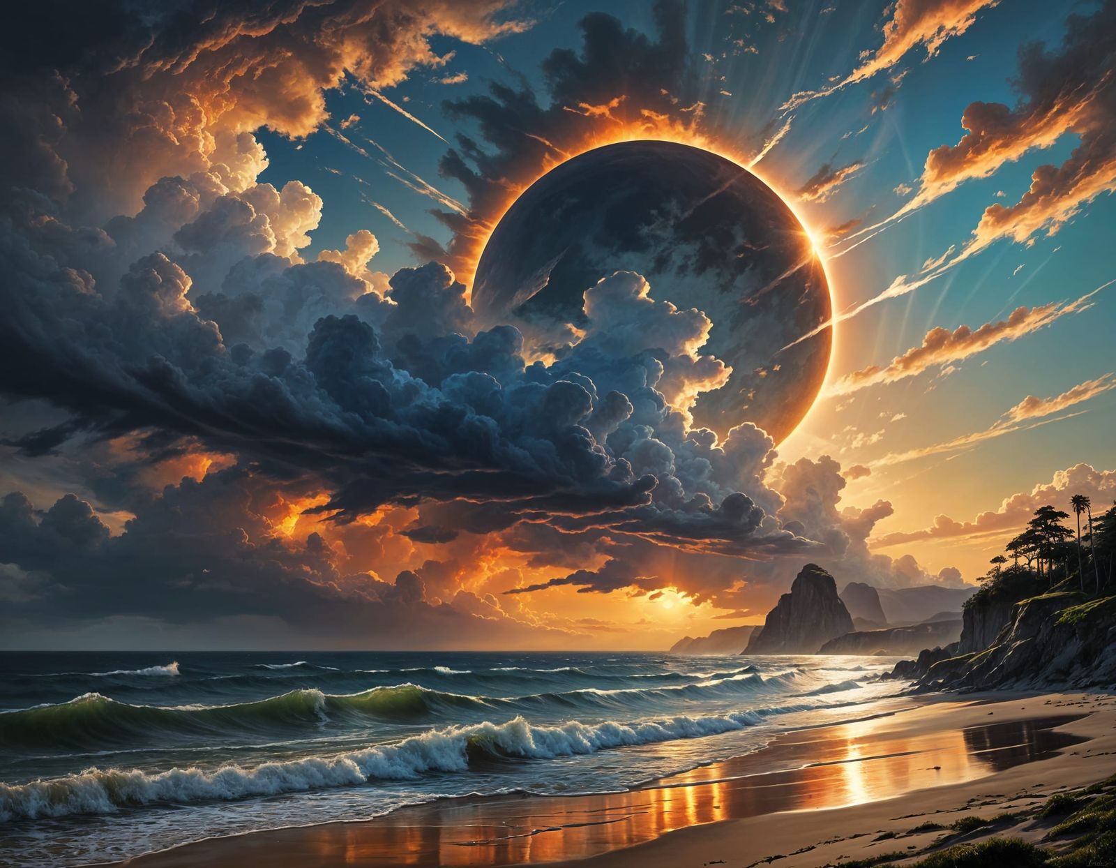 Magical Eclipse Over Coast in Painterly Style