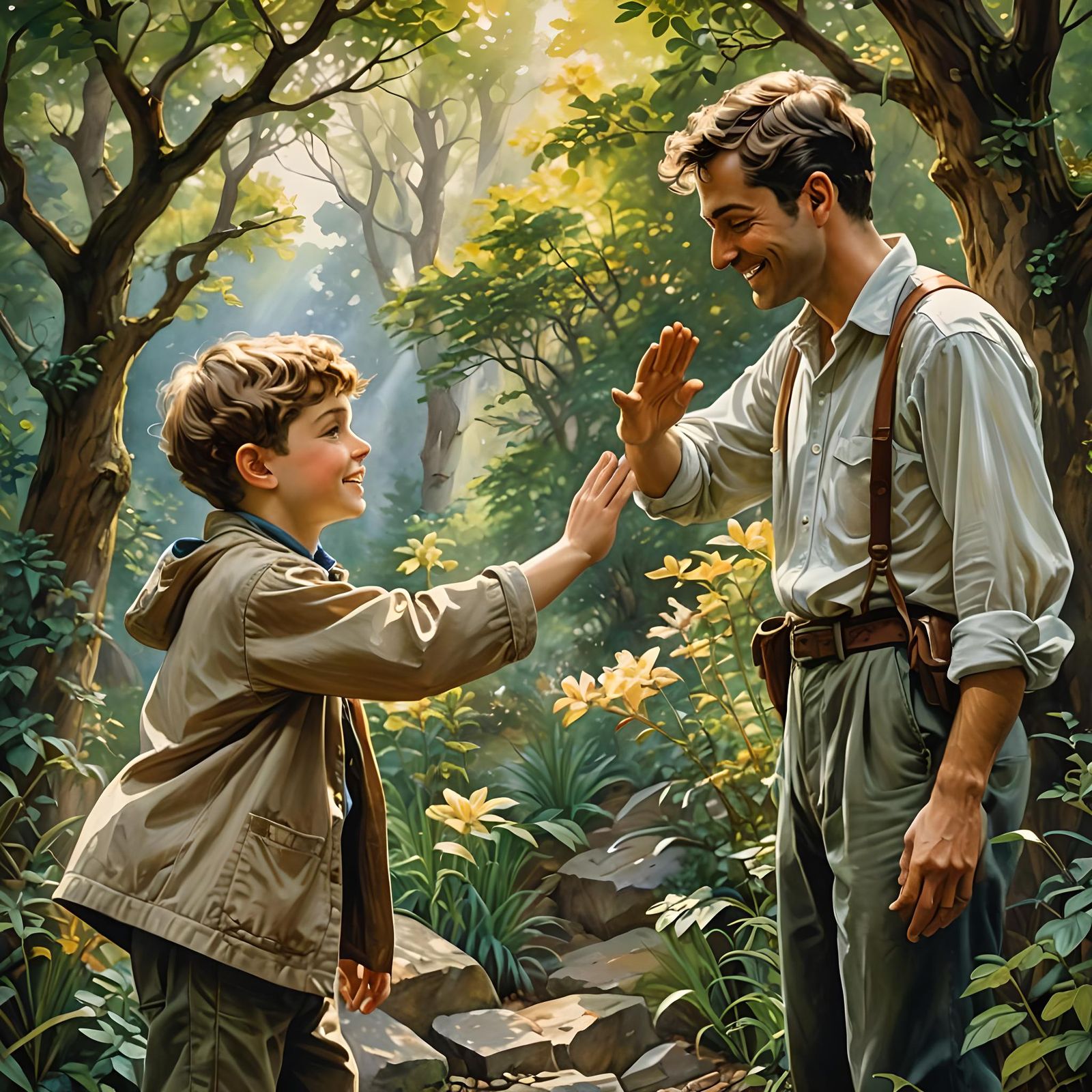 Boy and Dad High Five in Watercolor Style