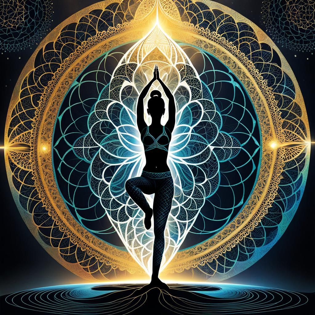 Woman in Tree Pose with Sacred Geometry Art