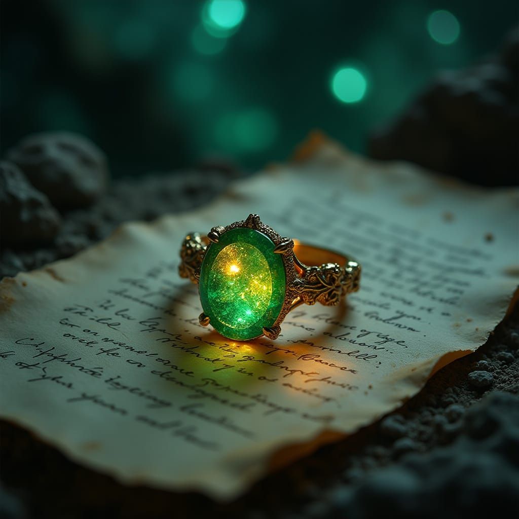 Emerald Ring Illuminated by Golden Flame in Ancient Crystal ...