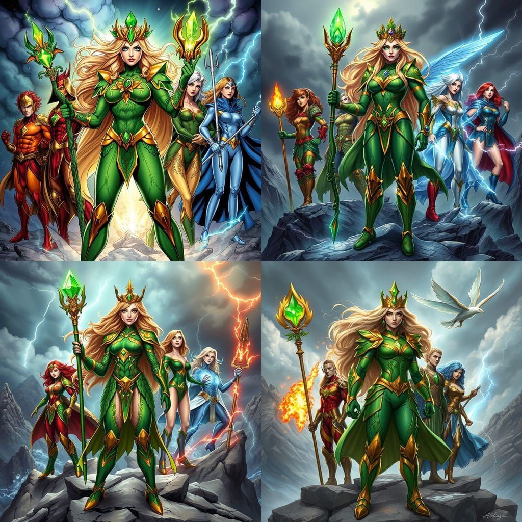 Confident Warrior Queen Sylvara Leads Dynamic Superhero Team