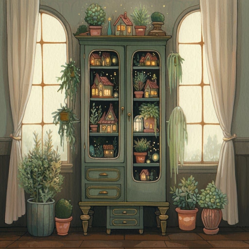 Whimsical Witch Cabinet in Gouache Illustration