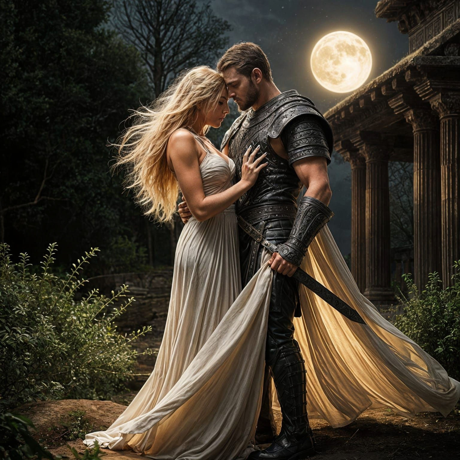 Moonlit Kiss in Ancient Greece: Cinematic Digital Art