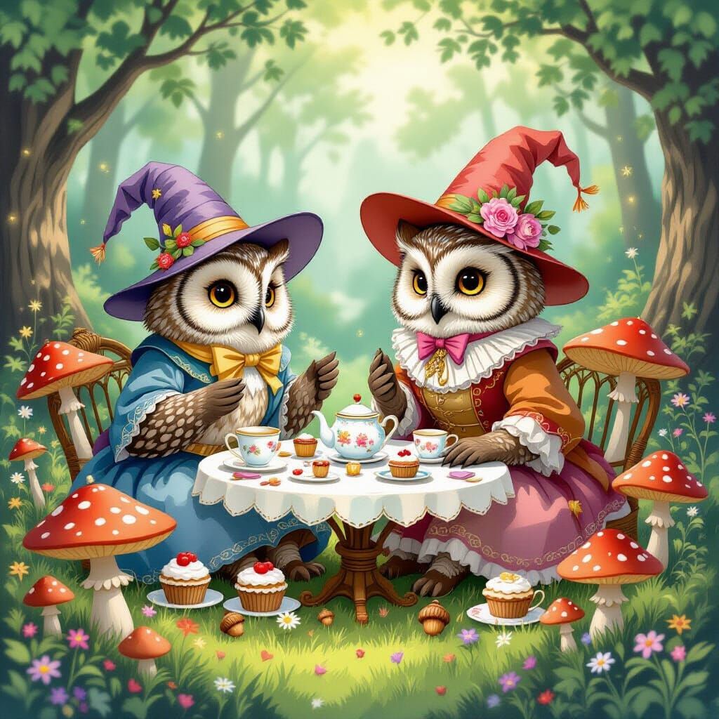 Victorian Owls Host Tea Party in Whimsical Digital Art