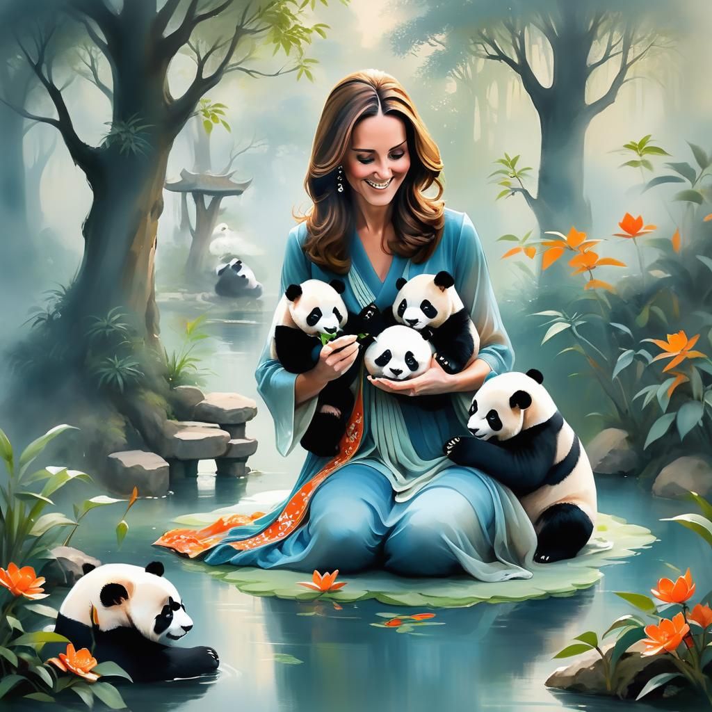 Kate Middleton and Pandas in Fantasy Garden Art
