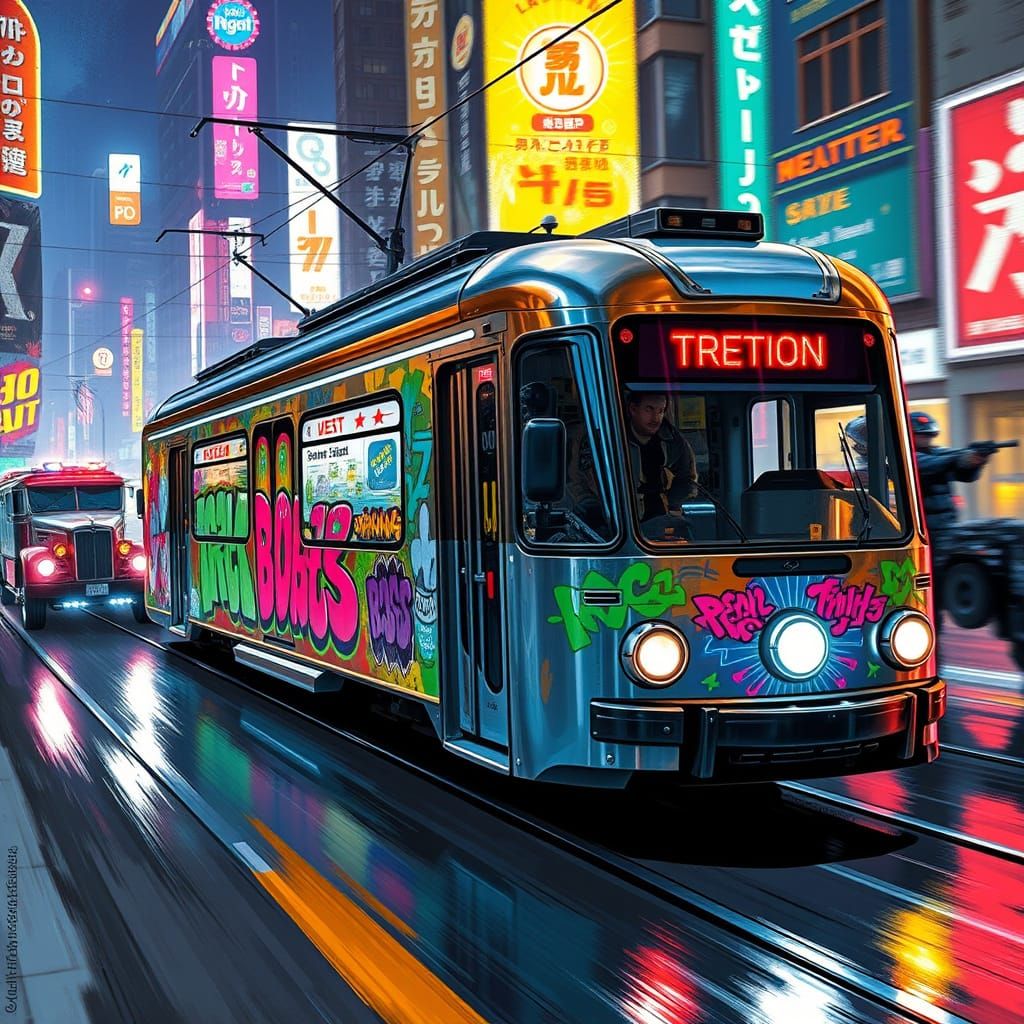 Futuristic Streetcar Trolley in Neon Cityscape