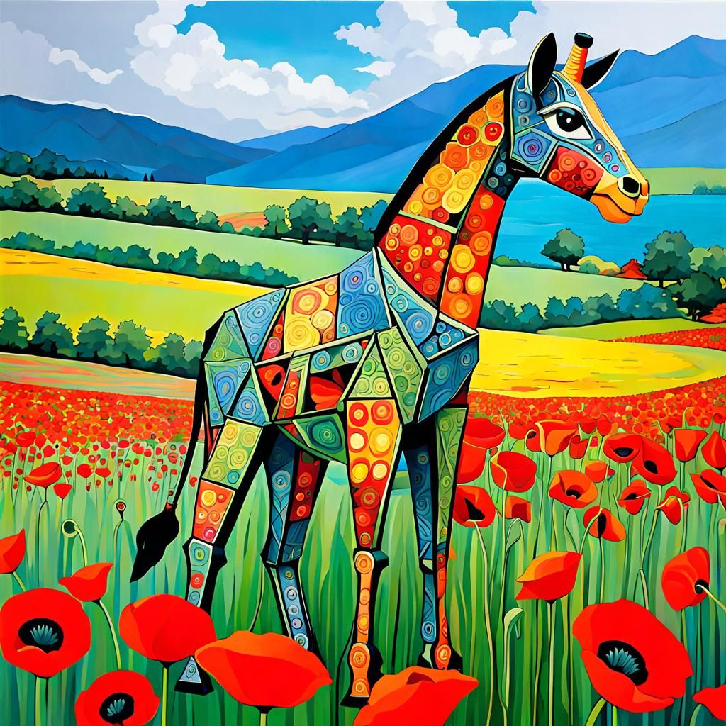 Box Giraffe in Poppy Field, Zentangle Art