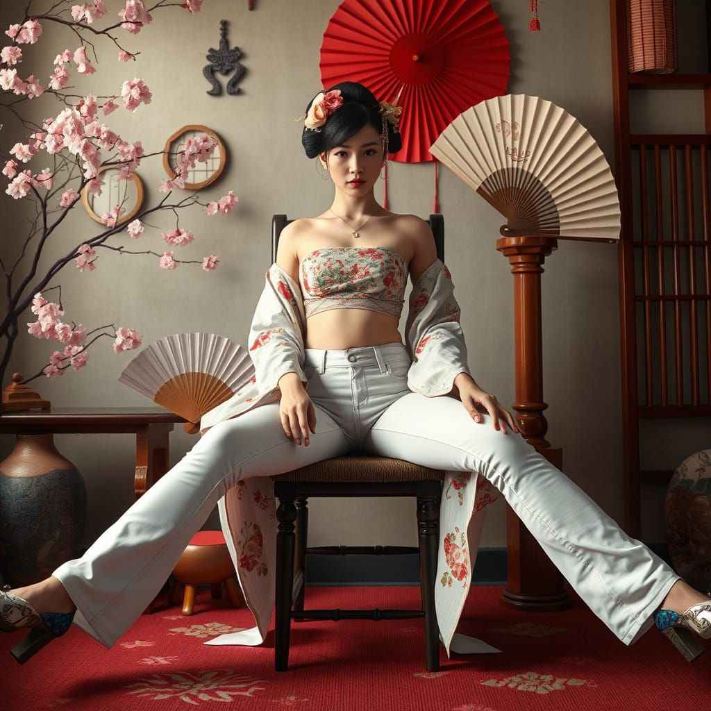 Geisha in Jeans, Photorealistic Japanese Art