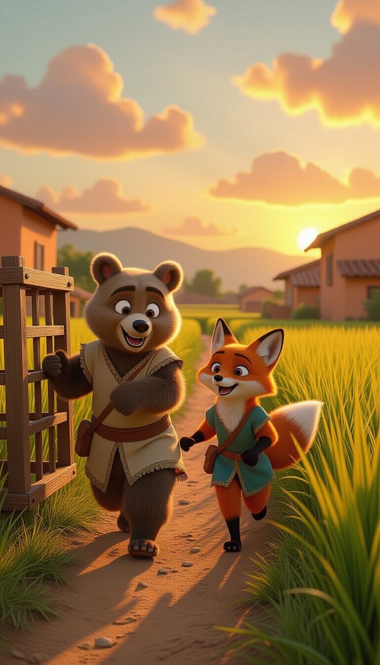 Bear and Fox Escape in Pixar-Inspired 3D Cartoon