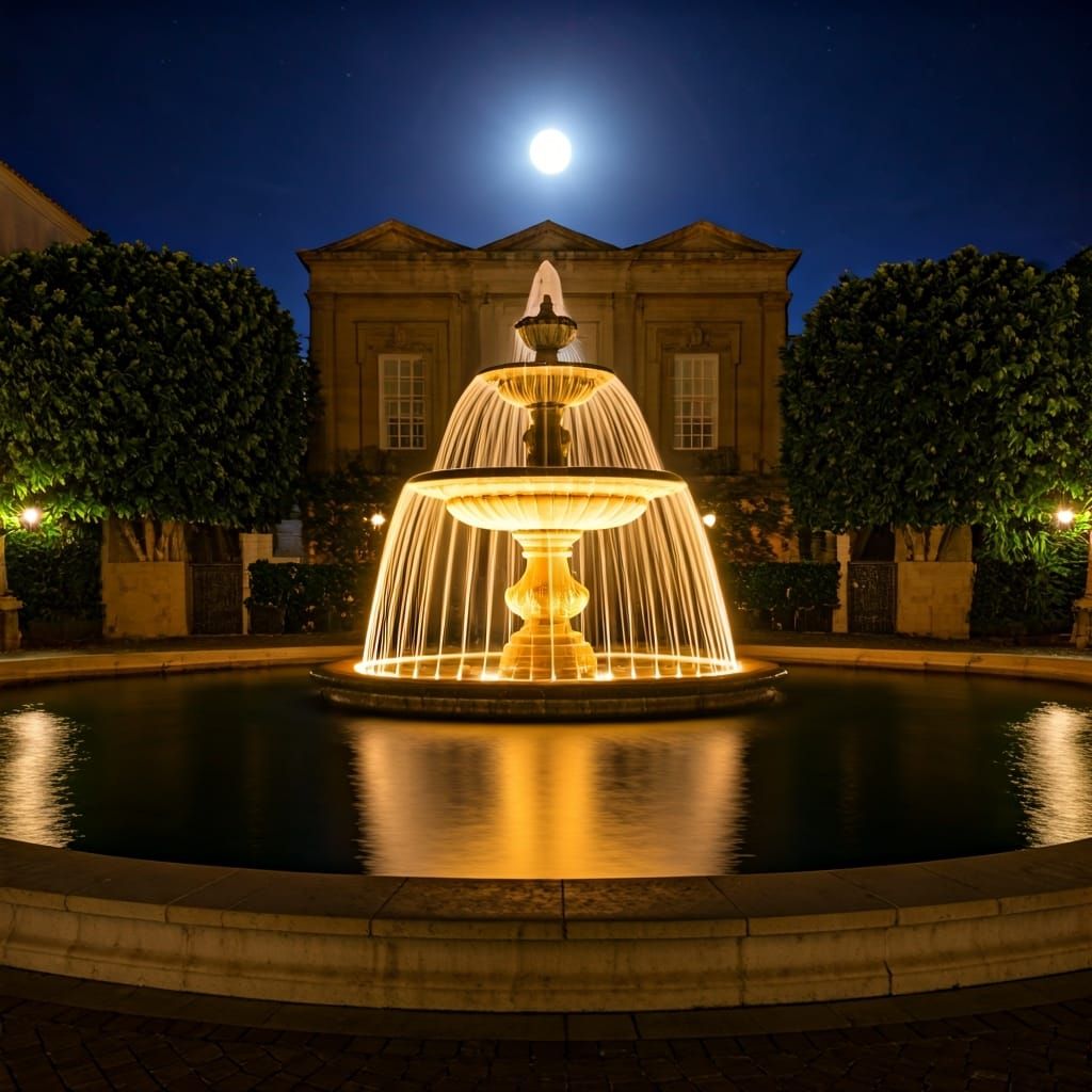 Glowing Fountain Reflecting Moonlit Night Sky