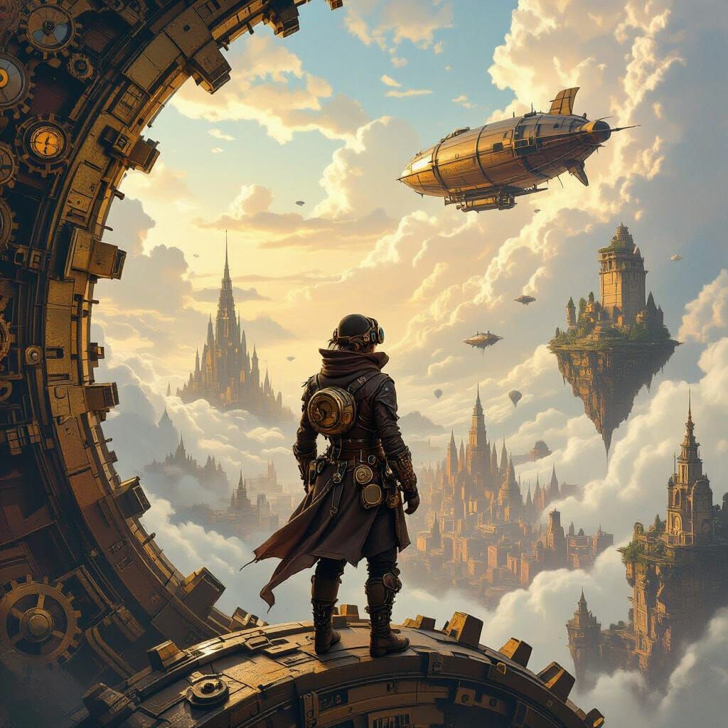 Steampunk Explorer Overlooking Clockwork Metropolis