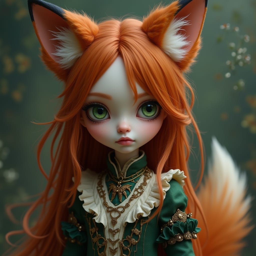Fox-Eared Girl with Piercing Green Eyes in Loish Style