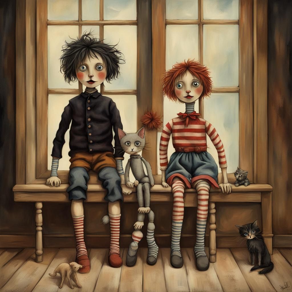 Surreal Marionette Puppets Playing with Dolls