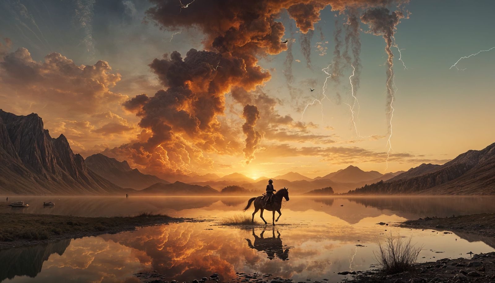 Surreal Lake Reflection with Smoky Horse Rider