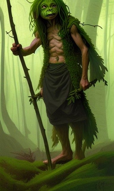 Green Goblin Druid in Forest, Brom and Rutkowski Style