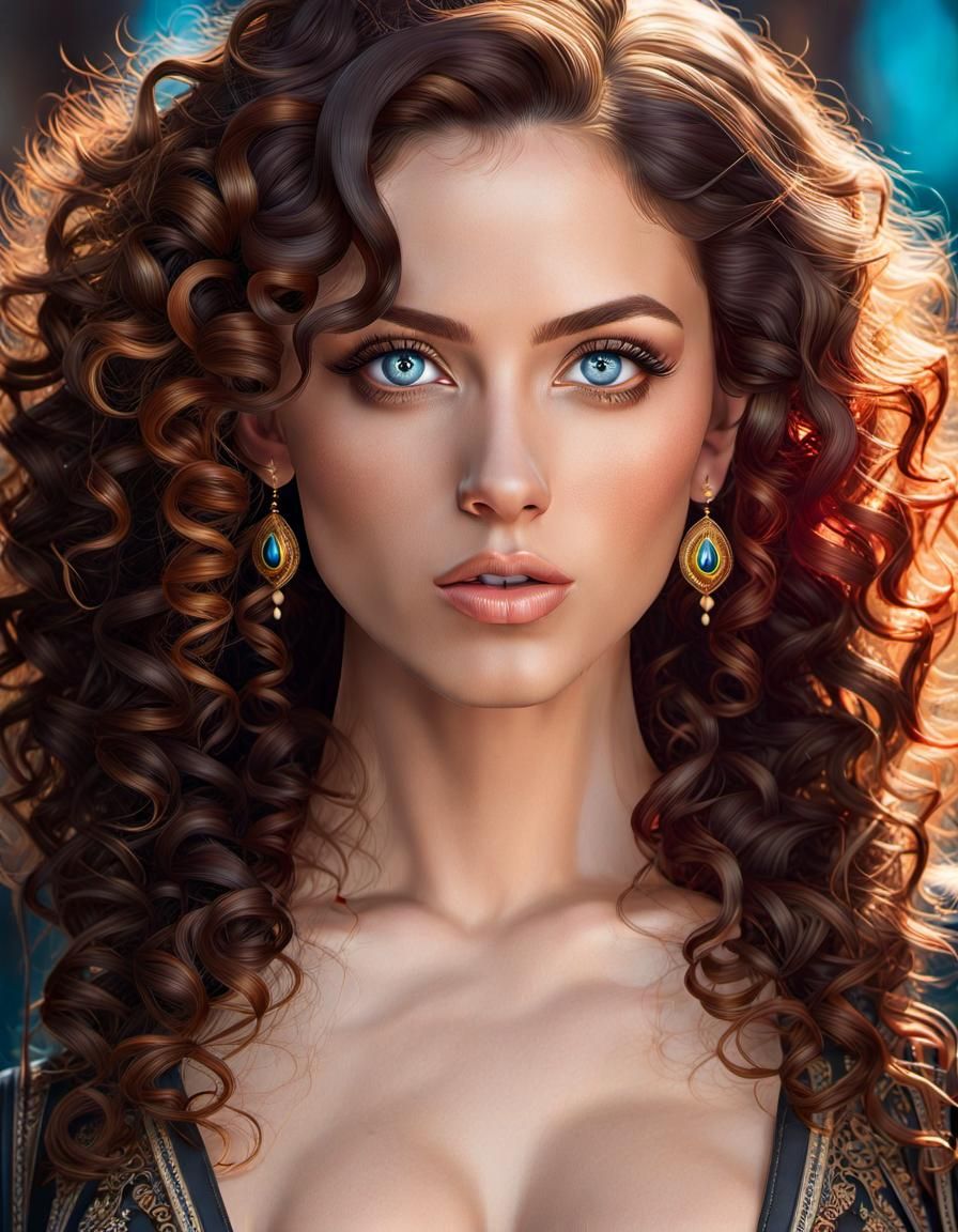 PORTRAIT - Woman with brunette curly hair & piercing gaze