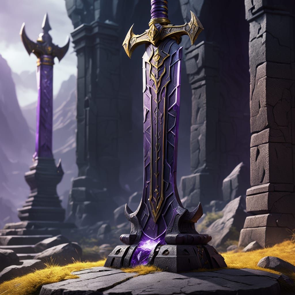 Legendary Sword on Stone Pedestal in Dark Fantasy Style