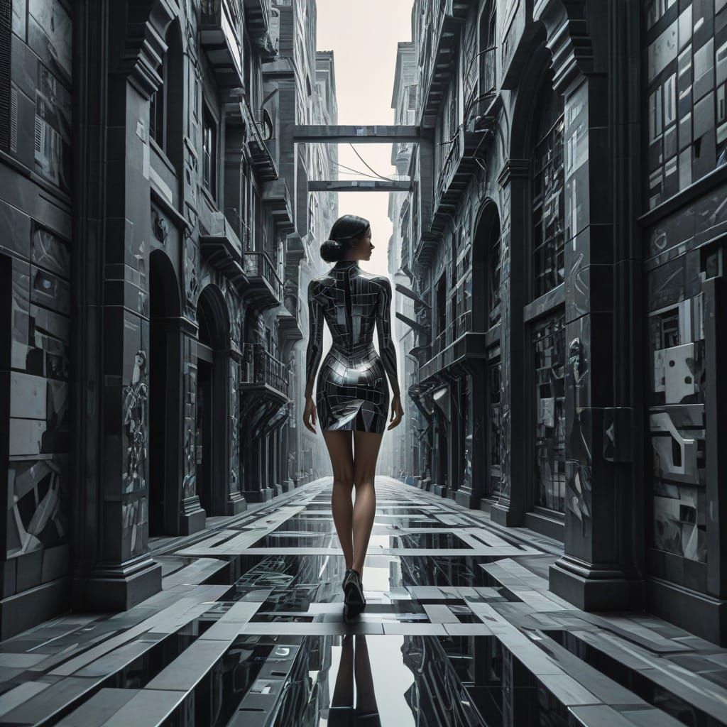 Droste Effect Art: Woman in Futuristic City