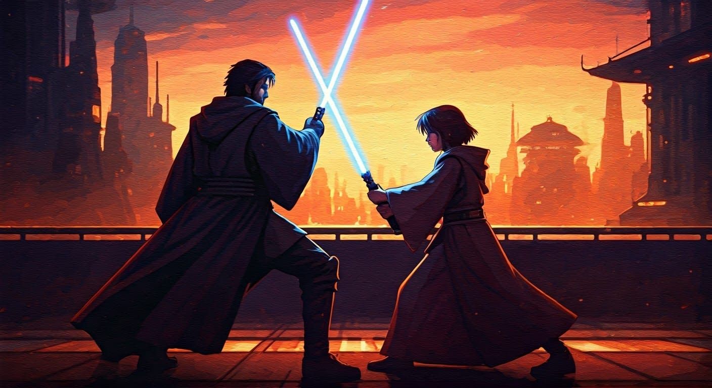 Jedi Duel in Neon Cityscape: Anime Style