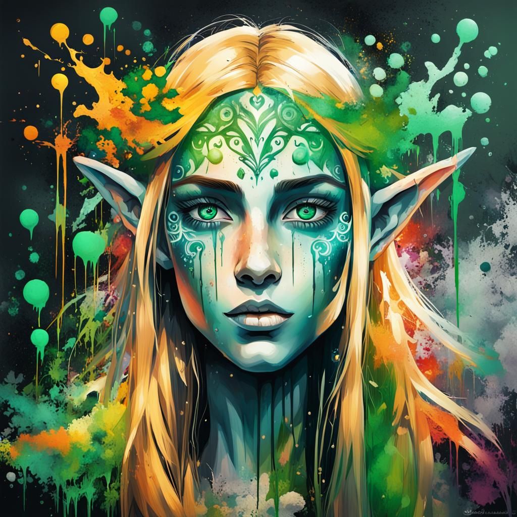 Beautiful Elf Girl in Colorful Graffiti Art