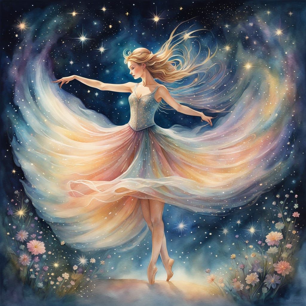 Watercolor Fairy Dancer in Starry Night
