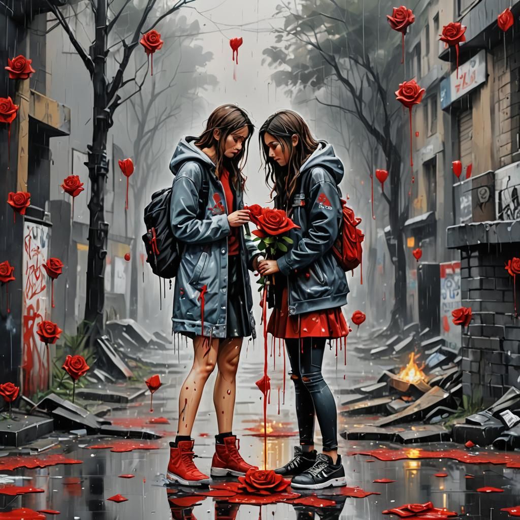 Heartbreak in Graffiti: Crying Girl with Fire Rose