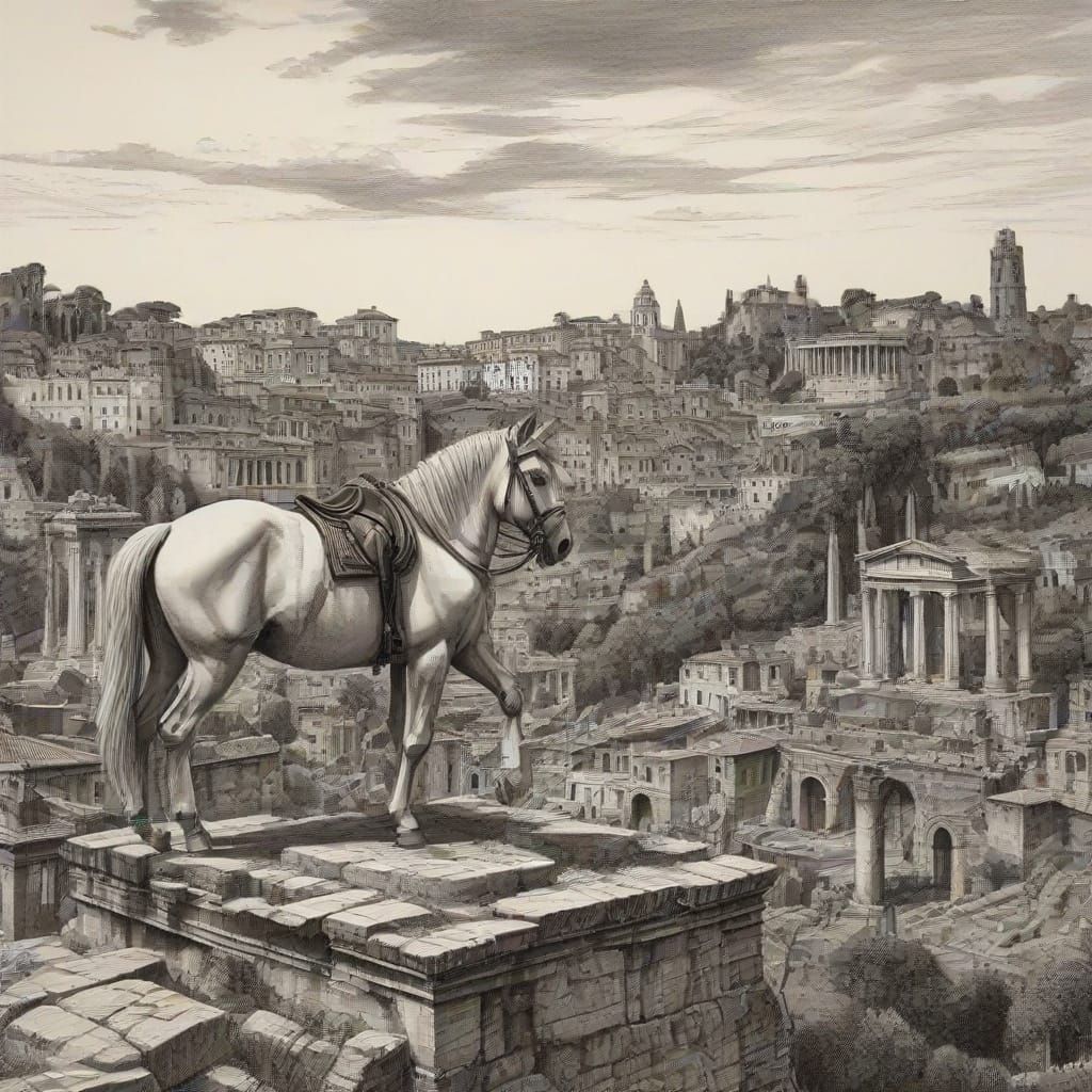 Julius Caesar on Horseback Overlooking Imperial Rome