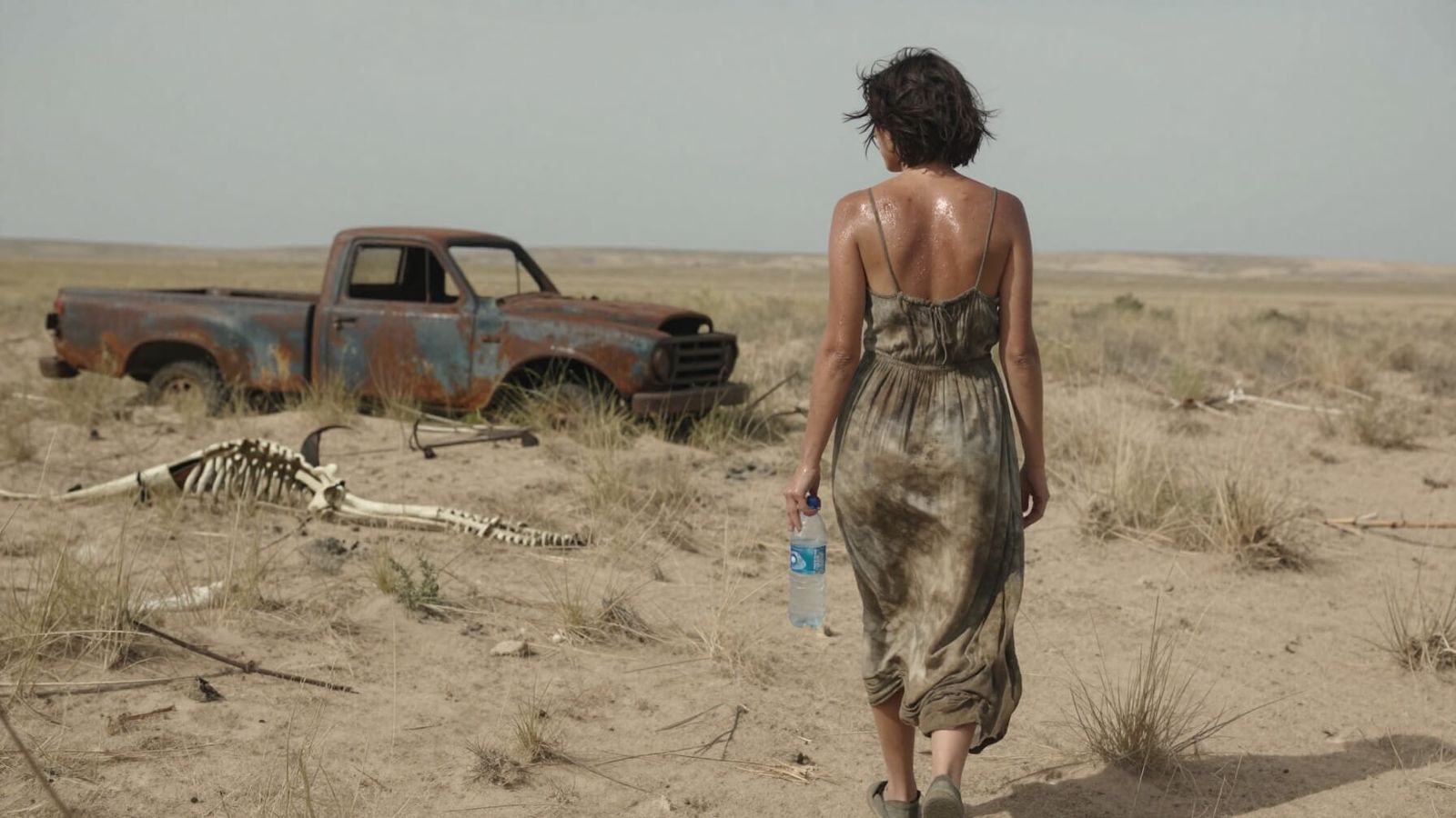 Solitary Woman in Desolate Prairie, Photorealistic Detail