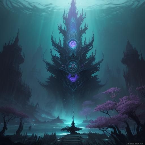 Underwater Cat Warrior in Dark Fantasy Art Nouveau Style