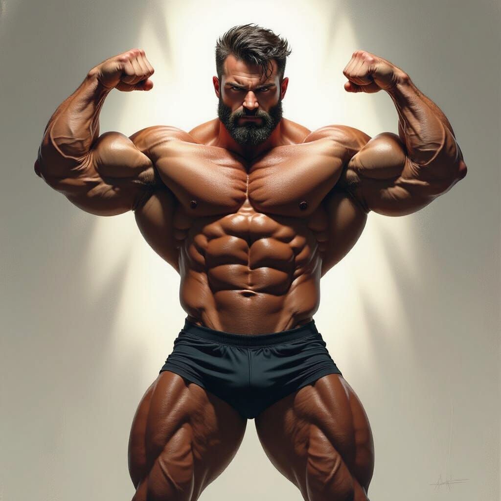 Hyperrealistic Bodybuilder Flexing with Chest Hair in Dramat...