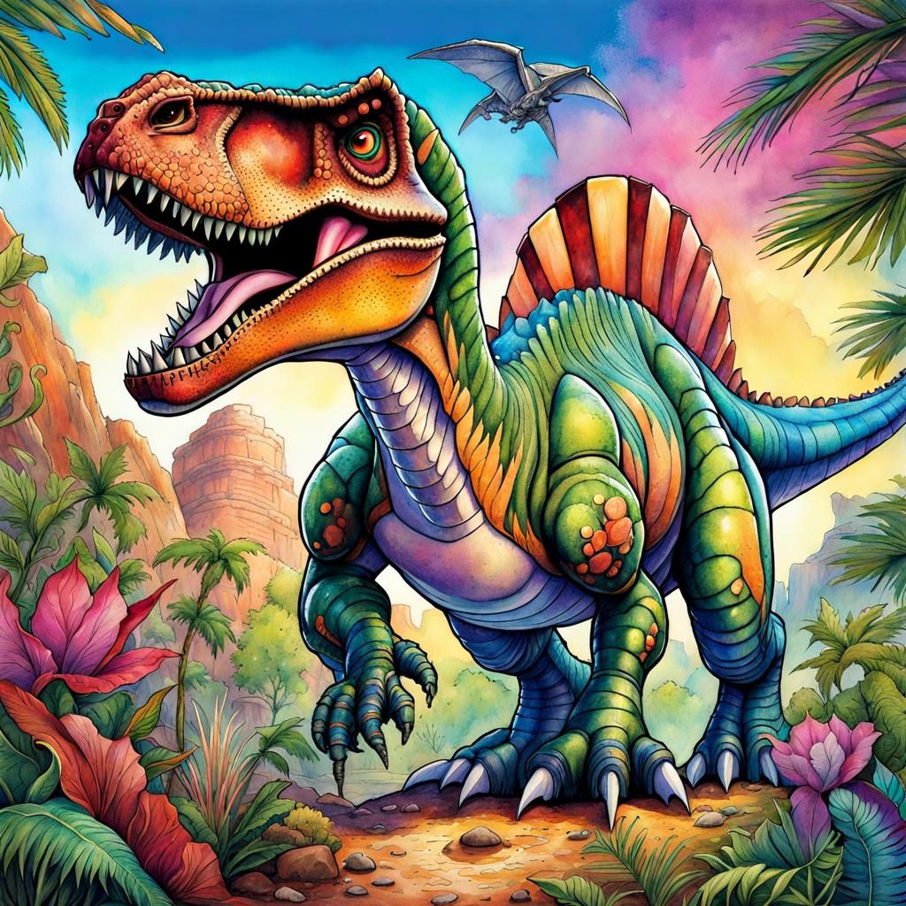 Cartoon Robot Dinosaur in Fantasycore Watercolor Style