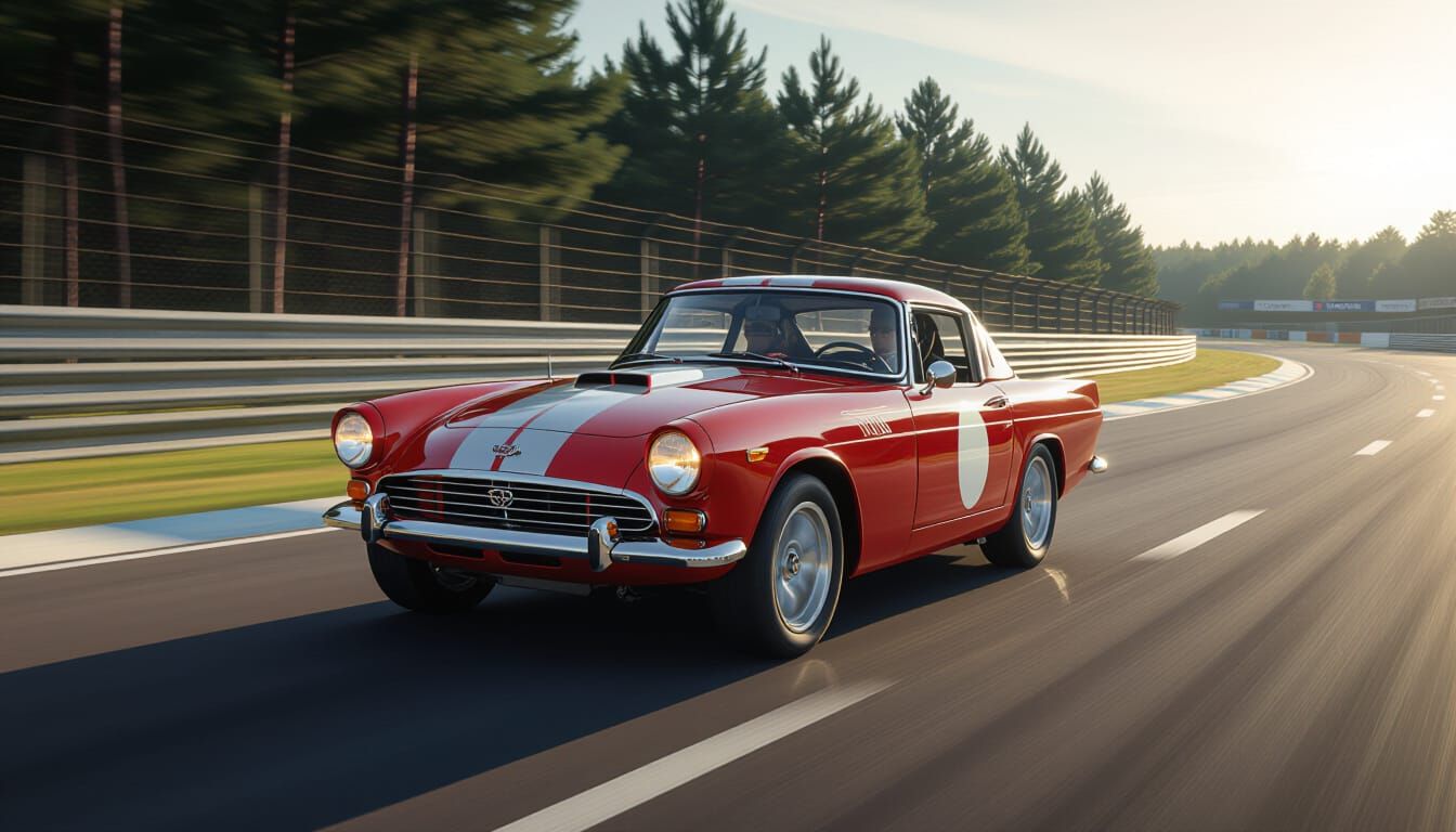 Red 1967 Sunbeam Tiger Speeds at Le Mans Circuit