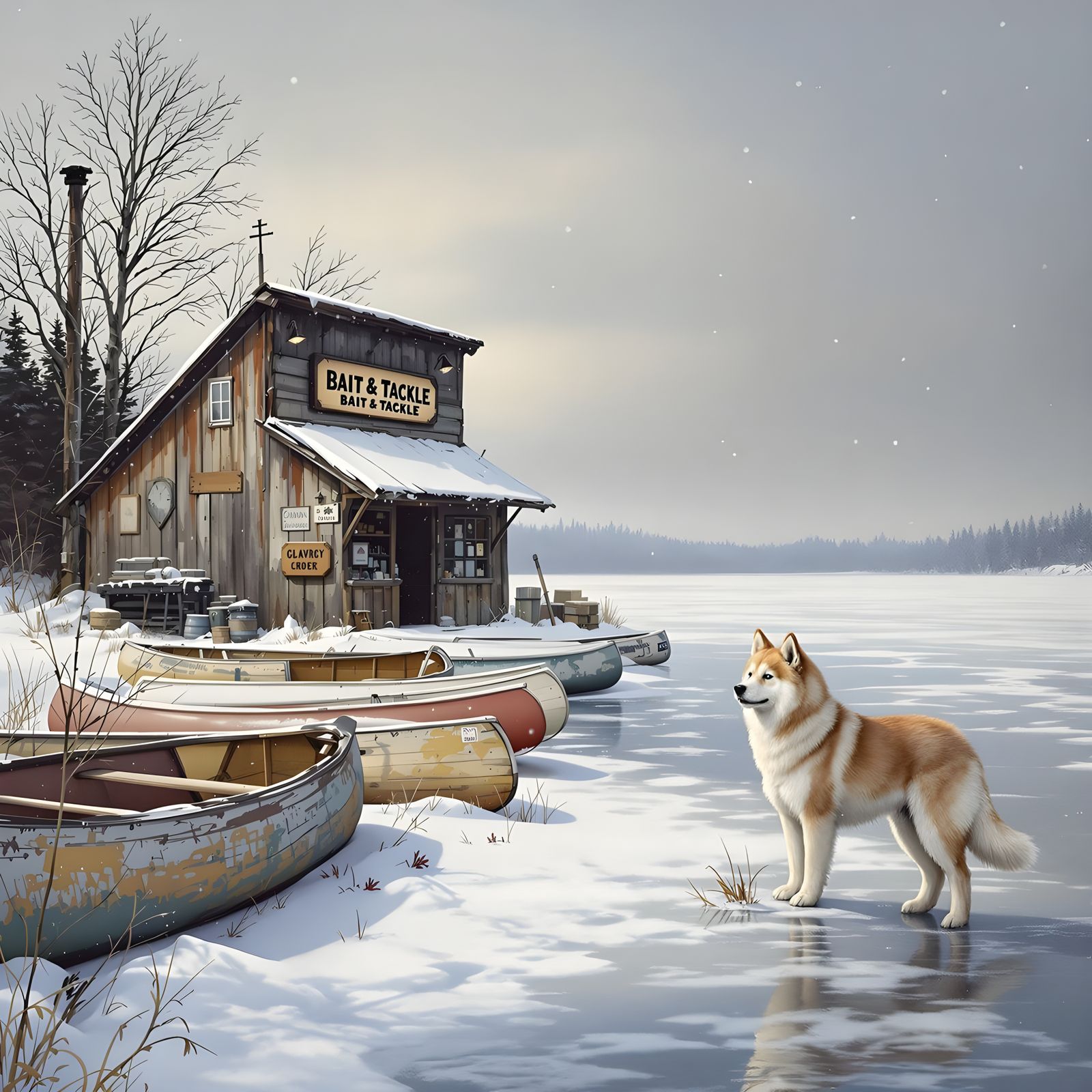 Rustic Bait and Tackle Shop on Frozen Lake in Winter Wonderl...
