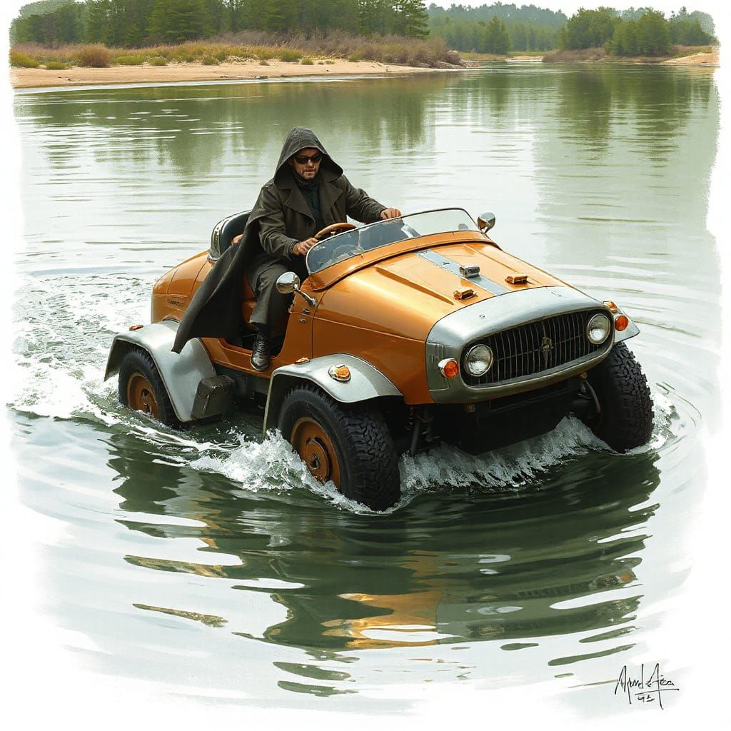 Steampunk Amphibious Vehicle Submerges into Calm Water