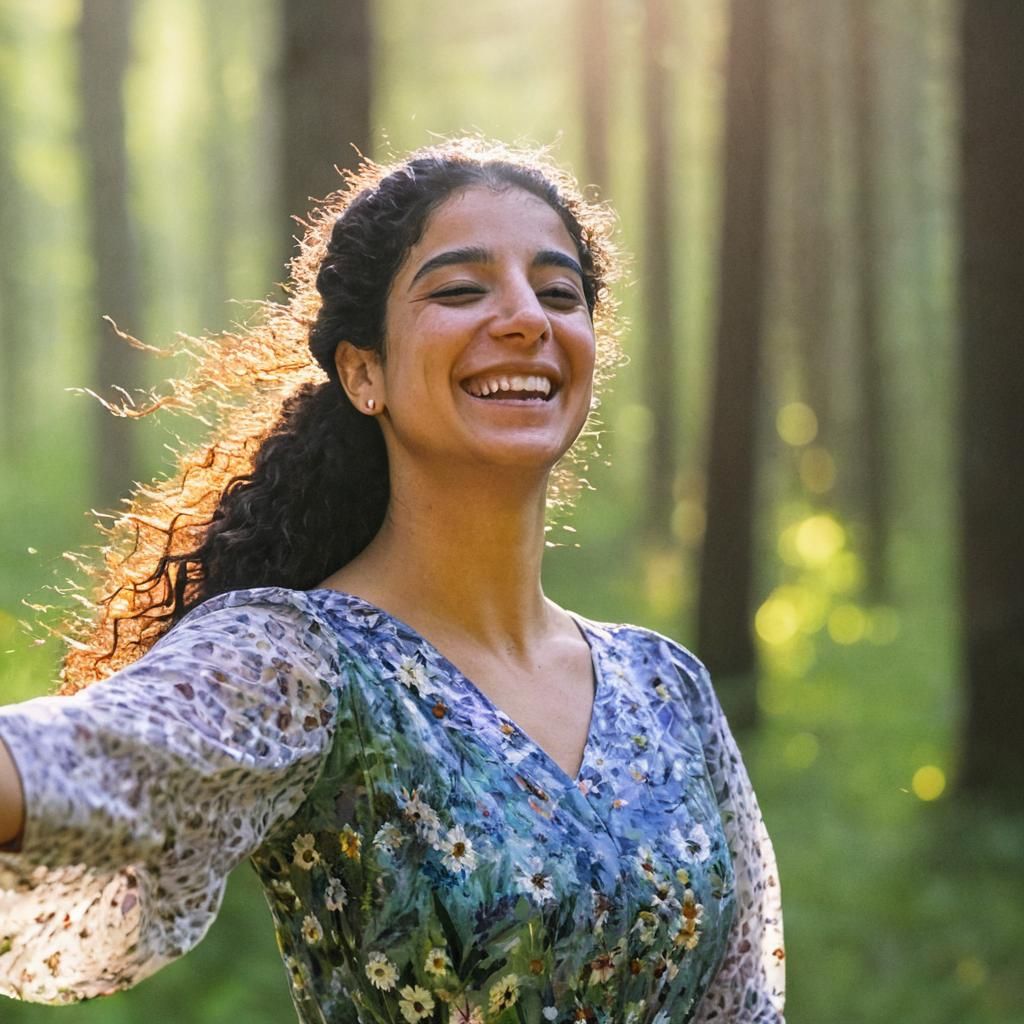Joyful Girl Dancing in Forest Sunrise