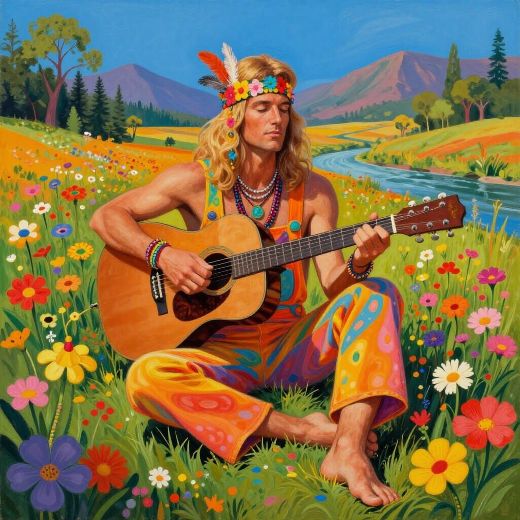 Flower Power Man with Guitar in Wildflower Field