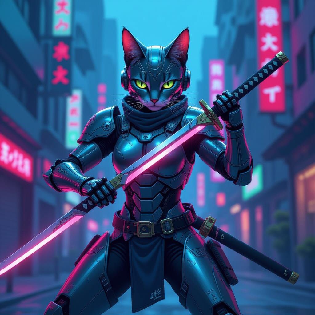 Cyborg Cat Warrior with Katana in Neon City