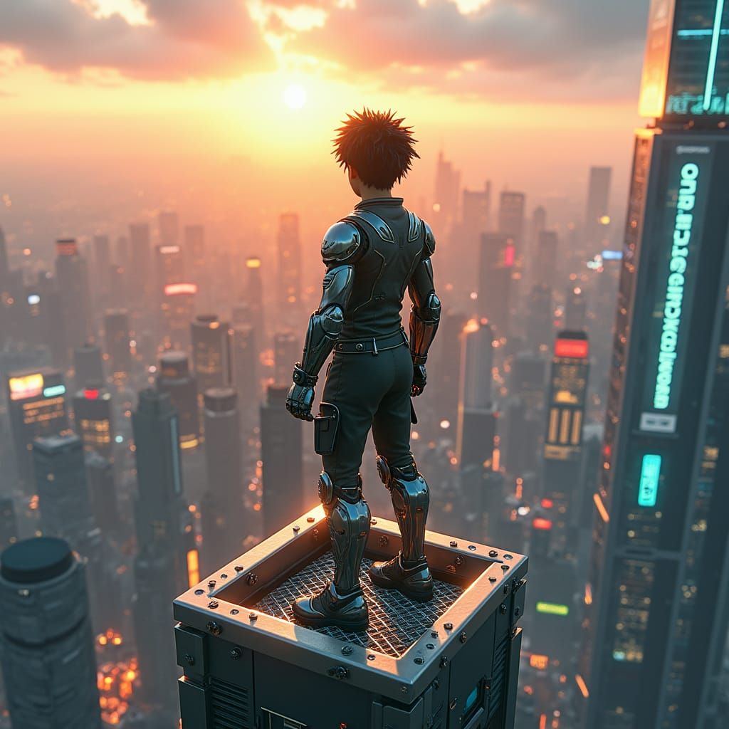 Deku Overlooks Cyberpunk City at Sunset