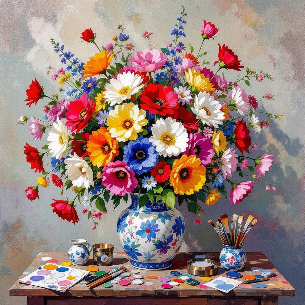 Colorful Impressionist Collage with Flowers and Art Supplies